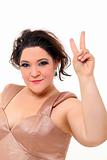 Elegant plus size woman doing victory sign