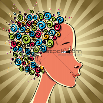 Girl with color curls hair, vector cartoon.
