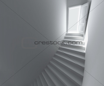 Spiral staircase to the open door.