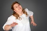 dancing fat woman on gray background