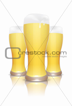 Three glasses of beer with reflection