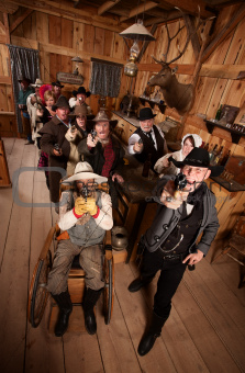 Rowdy Crowd with Guns in Saloon