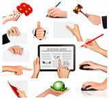 Set of hands holding different business objects  Vector illustration