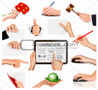 Set of hands holding different business objects  Vector illustration