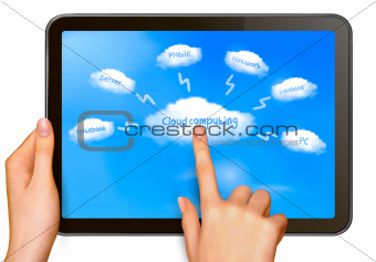 Cloud computing concept  Finger touching cloud on a touch screen  Vector
