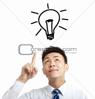 young businessman pointing bulb and idea concept