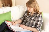 Teenage Girl Studying At Home Sitting On Sofa