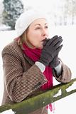 Senior Woman Standing Outside In Snowy Landscape Warming Hands