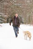 Senior Man Walking Dog Through Snowy Woodland
