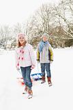 Children Pulling Sledge Through Snowy Landscape