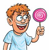 Cartoon boy eating lollypop. Isolated