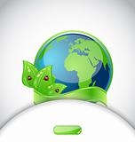 Green earth with leaves and ladybugs, background with emblem