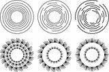 Six circular design elements in black and white