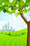Green Background with Tree and Modern City