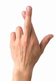 fingers crossed human hand on white clipping path