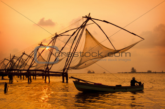 Sunset over Chinese Fishing nets in Cochin