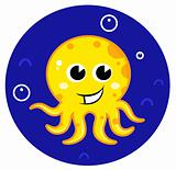 Yellow cartoon octopus in sea water