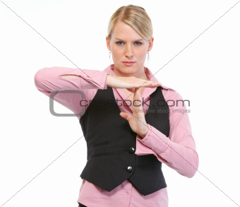 Woman employee showing break gesture