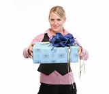 Happy woman presenting gift box