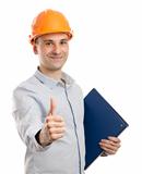 portrait of young positive manual worker thumbs up