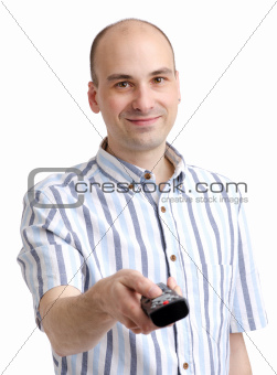 young man using tv control