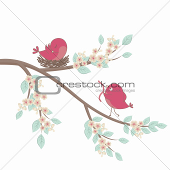 Cute pink birds on a branch with flowers