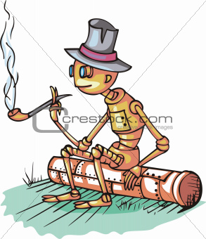 Robot sits on pipe and smokes