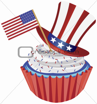 4th of July Cupcake with Flag and Hat Illustration
