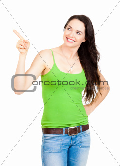 Woman pointing at copyspace