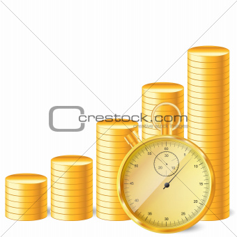 stopwatch with stack of coins