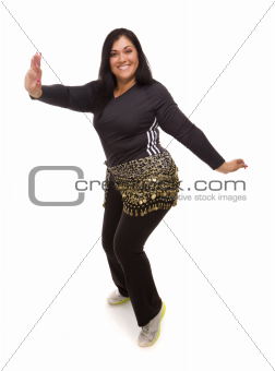 Attractive Hispanic Woman Dancing Zumba on a White Background.