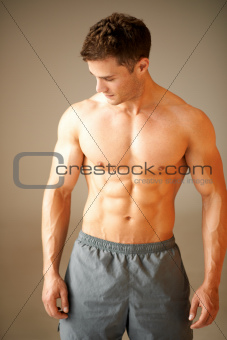Portrait of muscular sporty man standing on brown