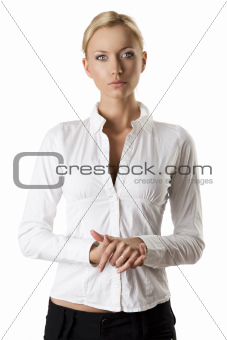 business blonde woman in front of the camera