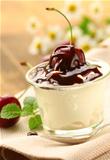 dairy dessert with chocolate sauce and cherries