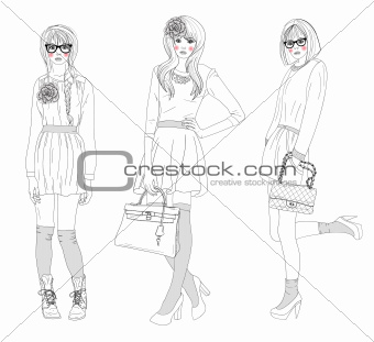 Young beautiful girls fashion illustration.