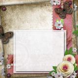 Vintage background with card, butterfly  and roses for congratul