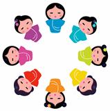 Cute japanese kokeshi dolls in circle