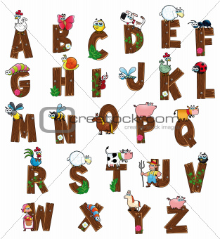 Alphabet with animals and farmers.