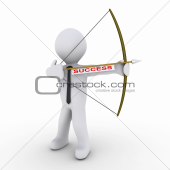 Businessman as archer using arrow with success tag