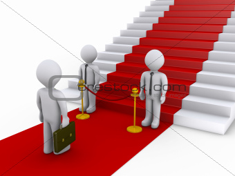 Businessman is refused access to stairs with red carpet