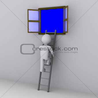 Person climbing ladder to look out of window