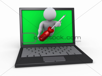 Person with screwdriver through laptop