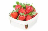 Red Strawberries in a basket. Closeup. On a white background.
