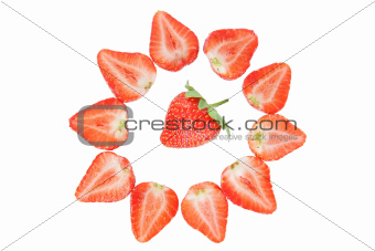 Round frame and closeup of strawberries on a white background.