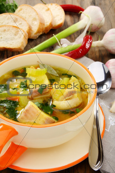 Fish soup in a bowl.