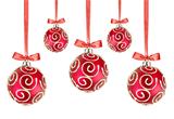 Red Christmas balls with bows on white background