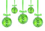 Green Christmas balls with bows on white background