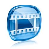 Film icon blue glass, isolated on white background.