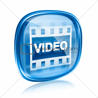 Film icon blue glass, isolated on white background.