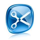 scissors icon blue glass, isolated on white background. 